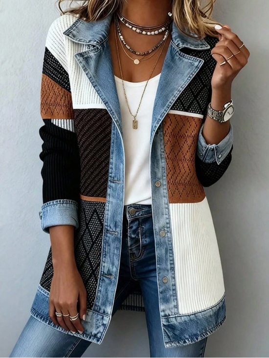 Jackets & Blazers - Classic Denim Color Block Knit Button down Jacket Shacket